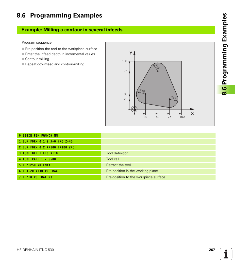 6 programming examples, 6 pr ogr amming examples 8.6 programming examples, Example: milling a contour in several infeeds | HEIDENHAIN iTNC 530 (340 49x-05) User Manual | Page 267 / 669