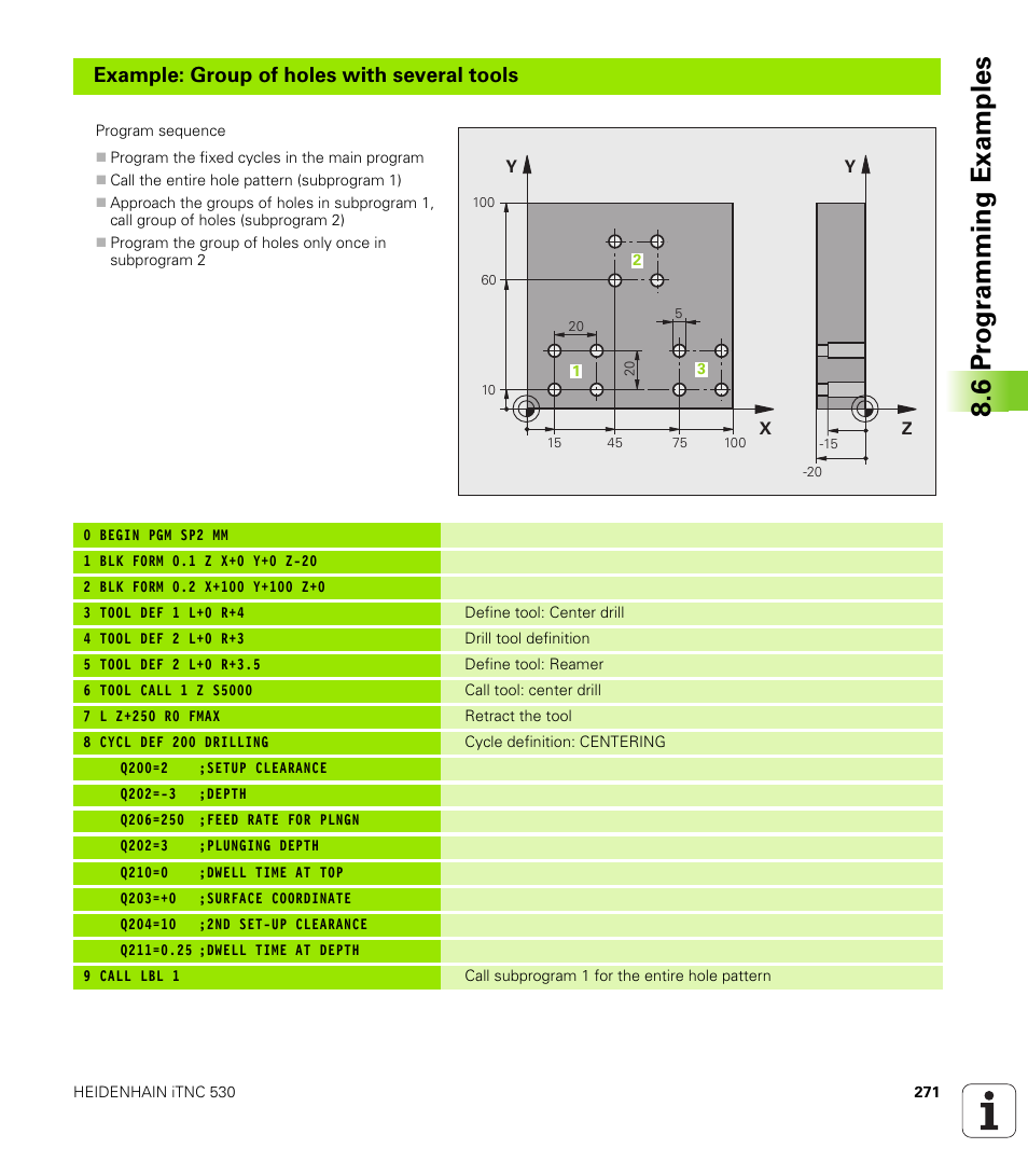 6 pr ogr amming examples, Example: group of holes with several tools | HEIDENHAIN iTNC 530 (340 49x-05) User Manual | Page 271 / 669