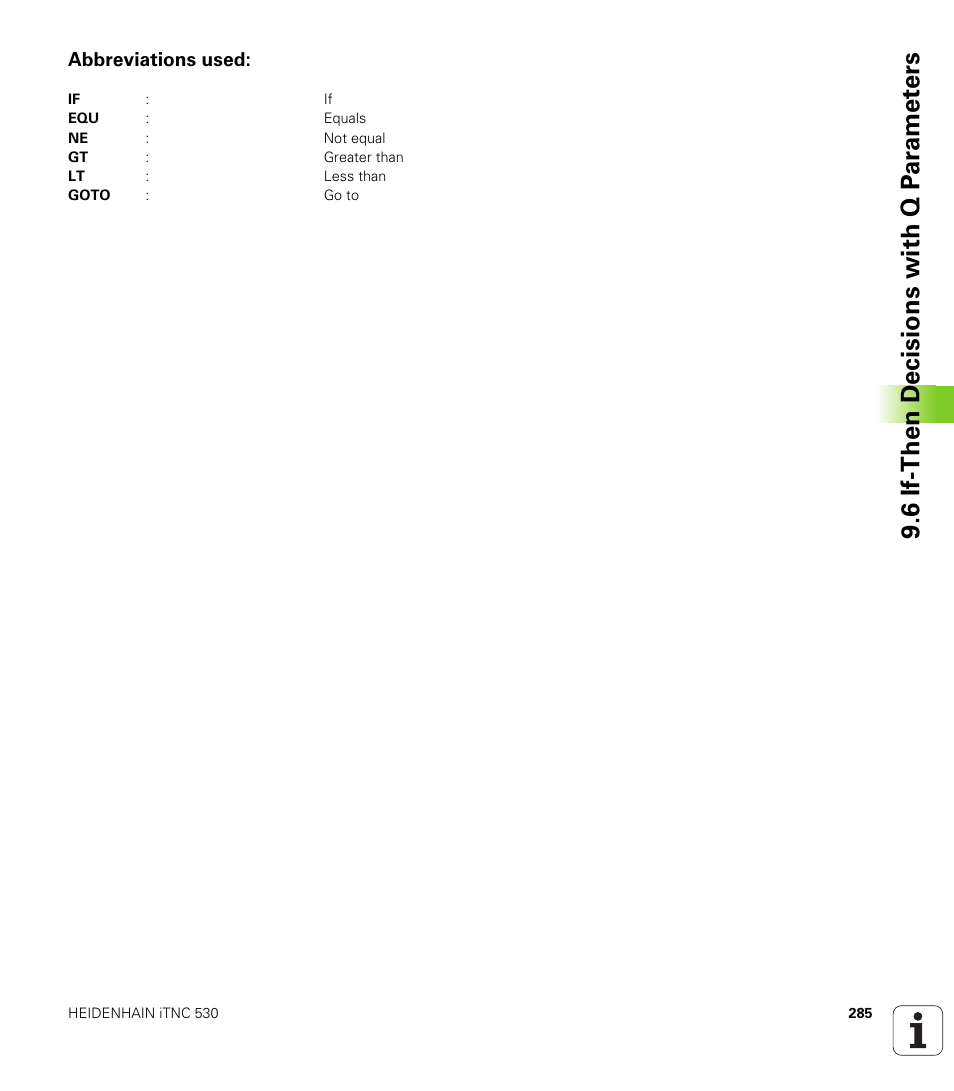 Abbreviations used, 6 if-then decisions with q p ar amet ers | HEIDENHAIN iTNC 530 (340 49x-05) User Manual | Page 285 / 669