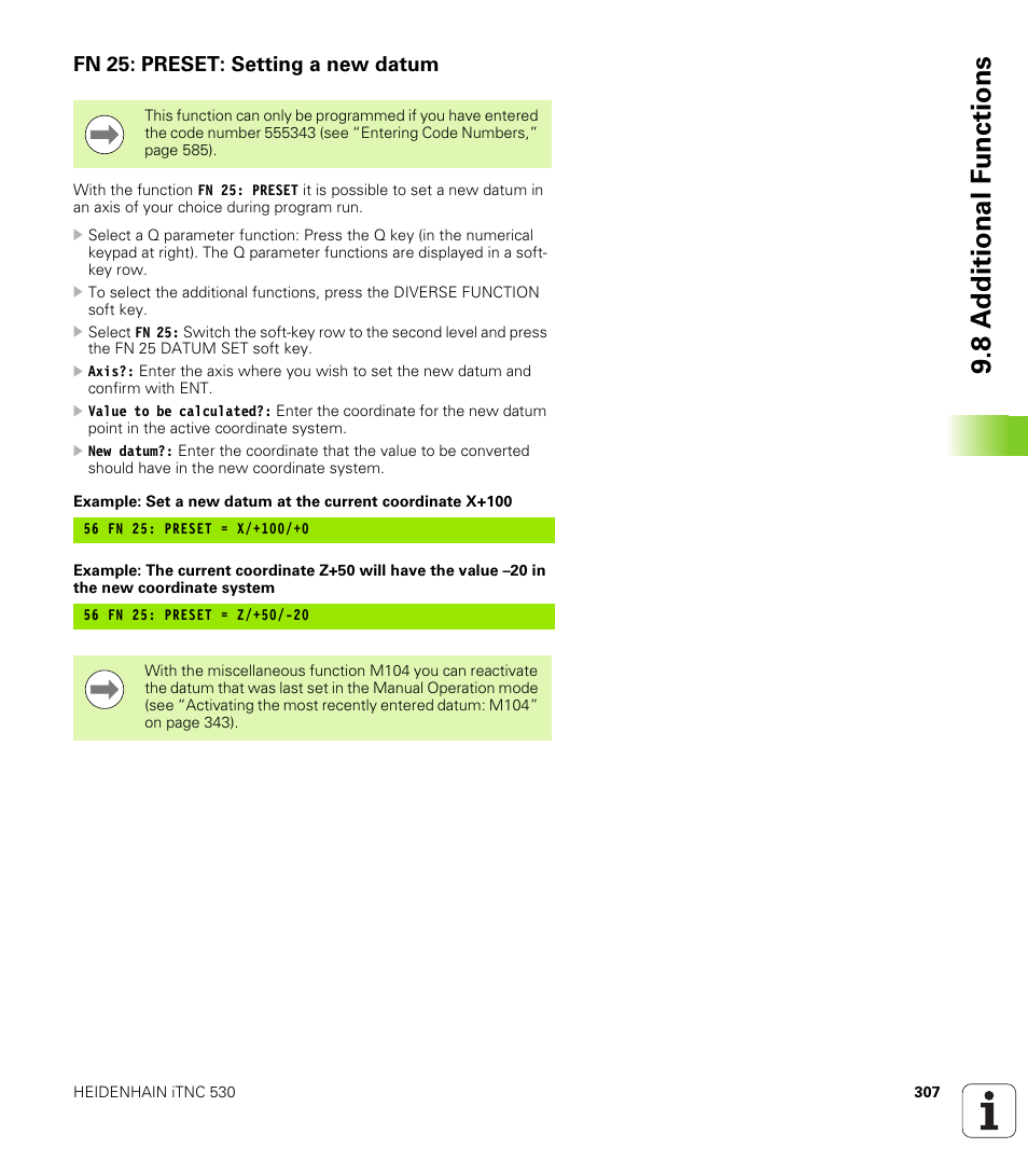 Fn 25: preset: setting a new datum, 8 a d ditional f unctions | HEIDENHAIN iTNC 530 (340 49x-05) User Manual | Page 307 / 669