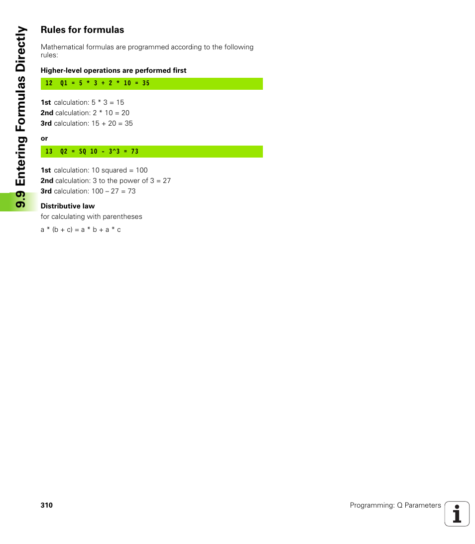 Rules for formulas, 9 ent er ing f o rm ulas dir e ctly | HEIDENHAIN iTNC 530 (340 49x-05) User Manual | Page 310 / 669