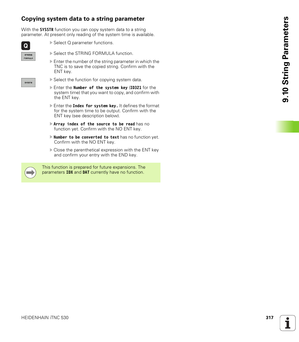 Copying system data to a string parameter, 1 0 str ing p a ra met e rs | HEIDENHAIN iTNC 530 (340 49x-05) User Manual | Page 317 / 669