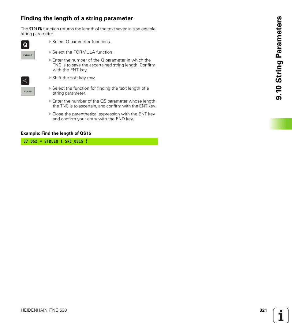 Finding the length of a string parameter, 1 0 str ing p a ra met e rs | HEIDENHAIN iTNC 530 (340 49x-05) User Manual | Page 321 / 669