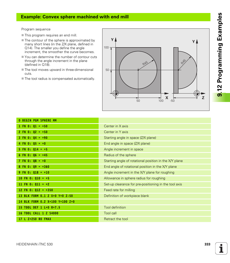 12 pr ogr amming examples, Example: convex sphere machined with end mill | HEIDENHAIN iTNC 530 (340 49x-05) User Manual | Page 333 / 669