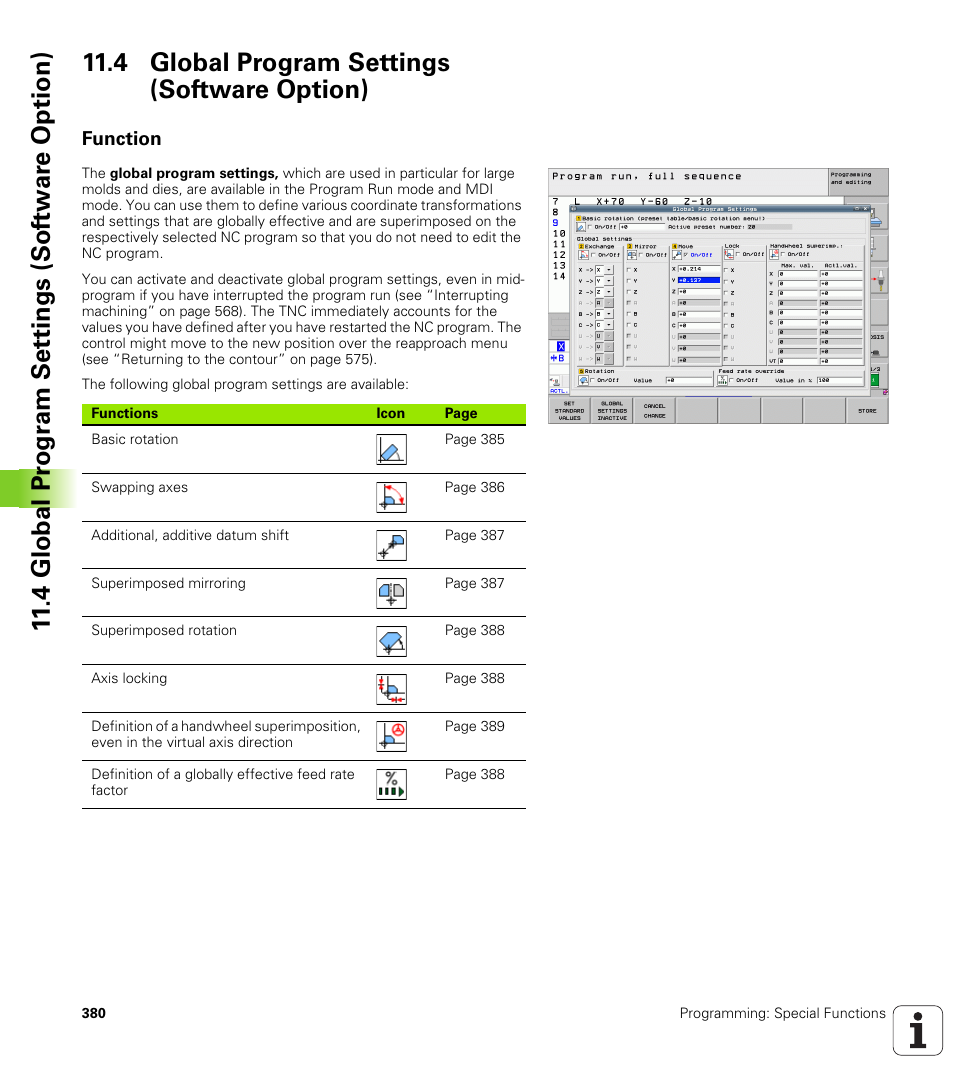 4 global program settings (software option), Function | HEIDENHAIN iTNC 530 (340 49x-05) User Manual | Page 380 / 669