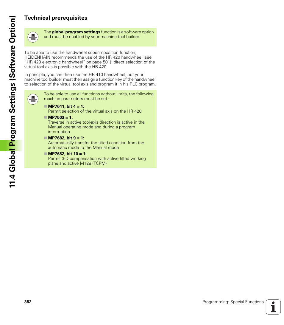 Technical prerequisites, 4 global pr ogr a m set tings (sof tw ar e option) | HEIDENHAIN iTNC 530 (340 49x-05) User Manual | Page 382 / 669