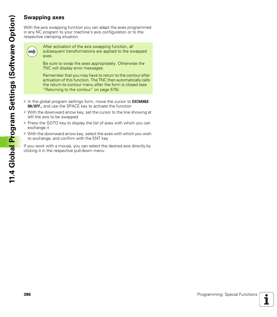 Swapping axes, 4 global pr ogr a m set tings (sof tw ar e option) | HEIDENHAIN iTNC 530 (340 49x-05) User Manual | Page 386 / 669