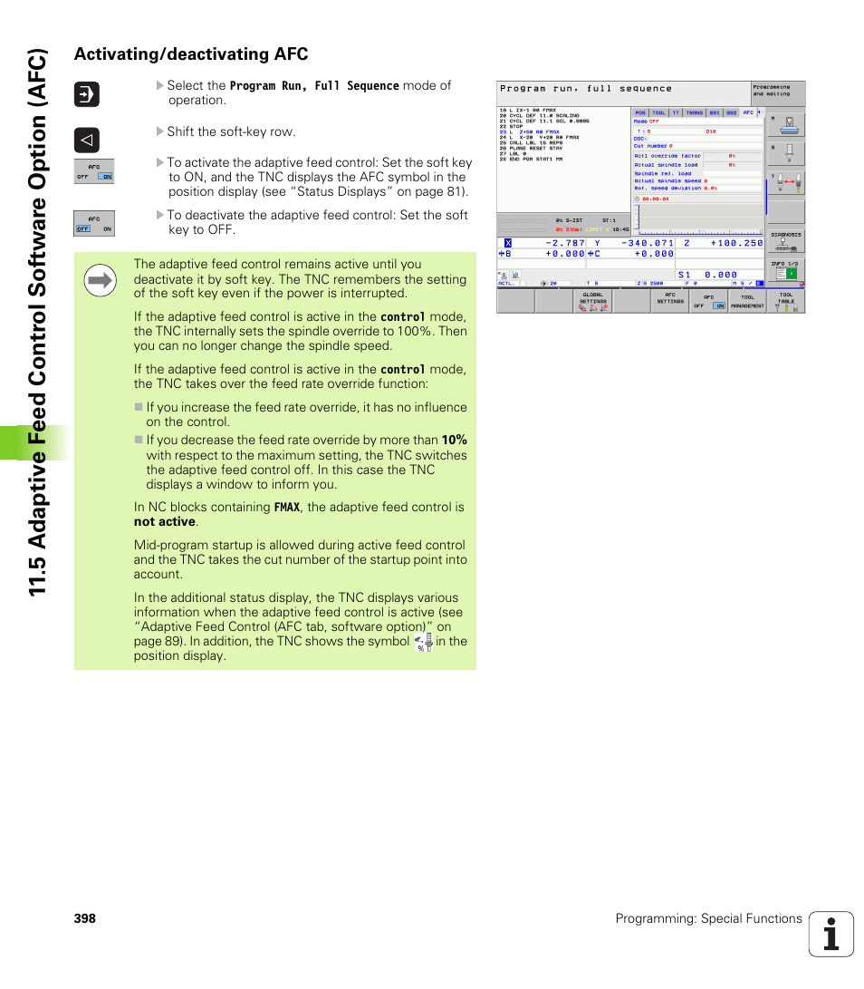 Activating/deactivating afc | HEIDENHAIN iTNC 530 (340 49x-05) User Manual | Page 398 / 669