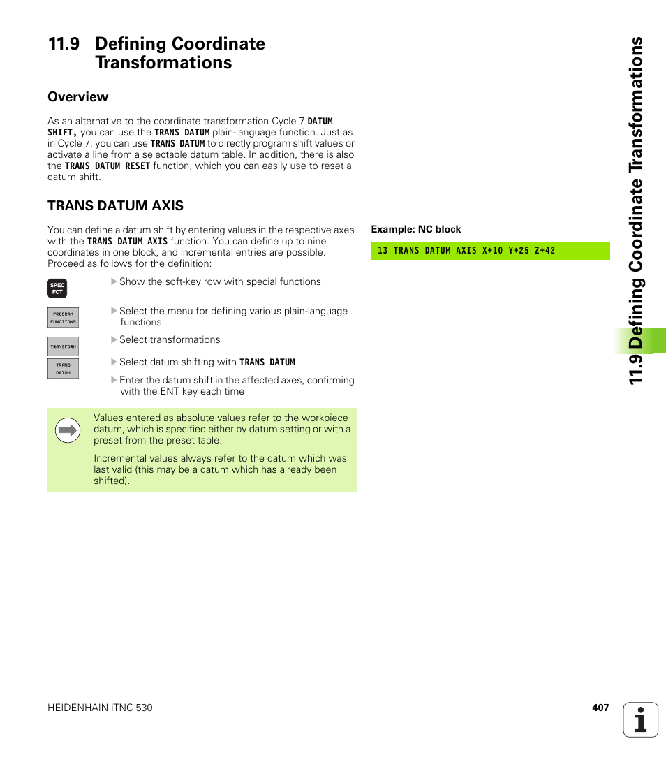 9 defining coordinate transformations, Overview, Trans datum axis | HEIDENHAIN iTNC 530 (340 49x-05) User Manual | Page 407 / 669