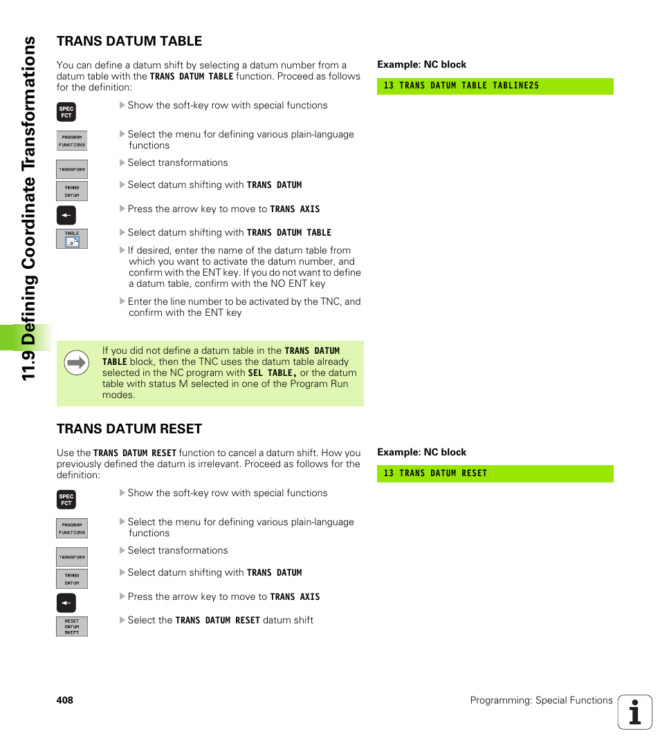 Trans datum table, Trans datum reset, 9 defining coor dinat e t ransf or mations | HEIDENHAIN iTNC 530 (340 49x-05) User Manual | Page 408 / 669