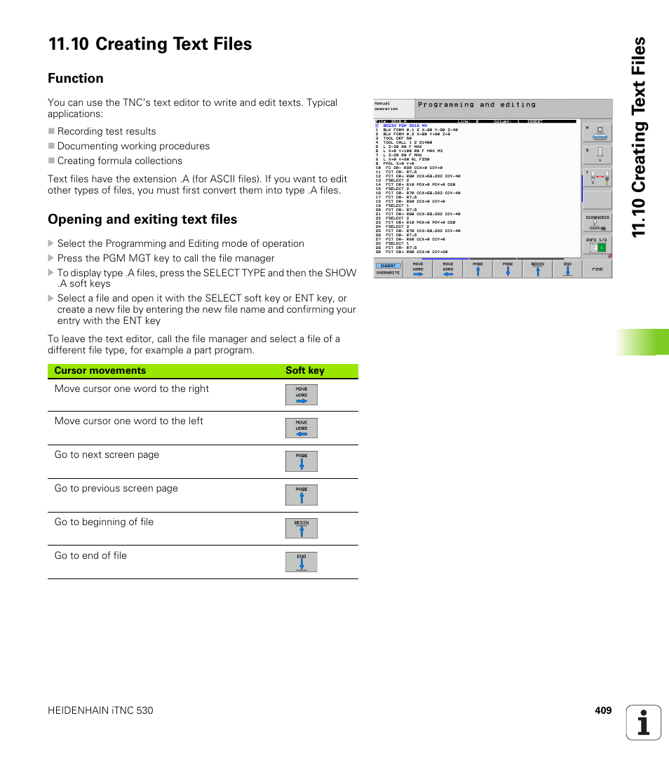 10 creating text files, Function, Opening and exiting text files | HEIDENHAIN iTNC 530 (340 49x-05) User Manual | Page 409 / 669