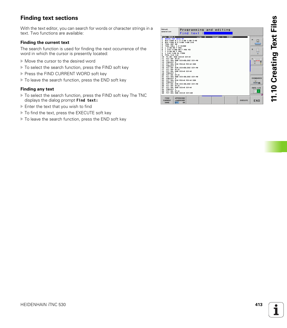 Finding text sections, 1 0 cr eating t ext files | HEIDENHAIN iTNC 530 (340 49x-05) User Manual | Page 413 / 669