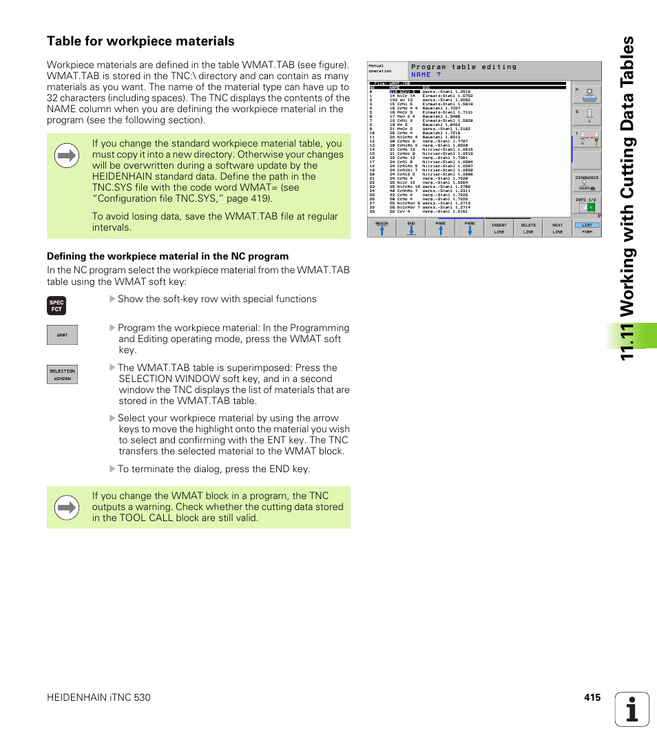 Table for workpiece materials, 1 1 w o rk ing with cut ting d a ta t a bles | HEIDENHAIN iTNC 530 (340 49x-05) User Manual | Page 415 / 669