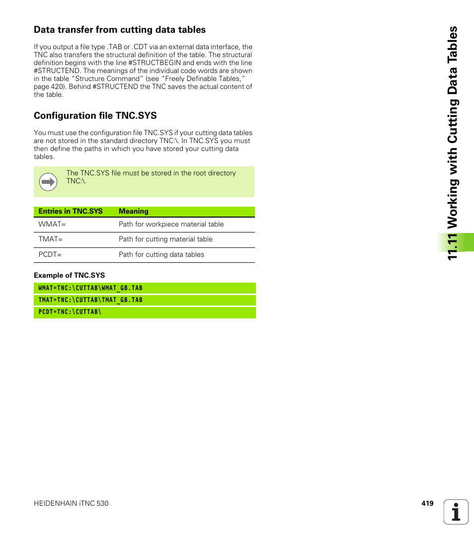 Data transfer from cutting data tables, Configuration file tnc.sys, 1 1 w o rk ing with cut ting d a ta t a bles | HEIDENHAIN iTNC 530 (340 49x-05) User Manual | Page 419 / 669