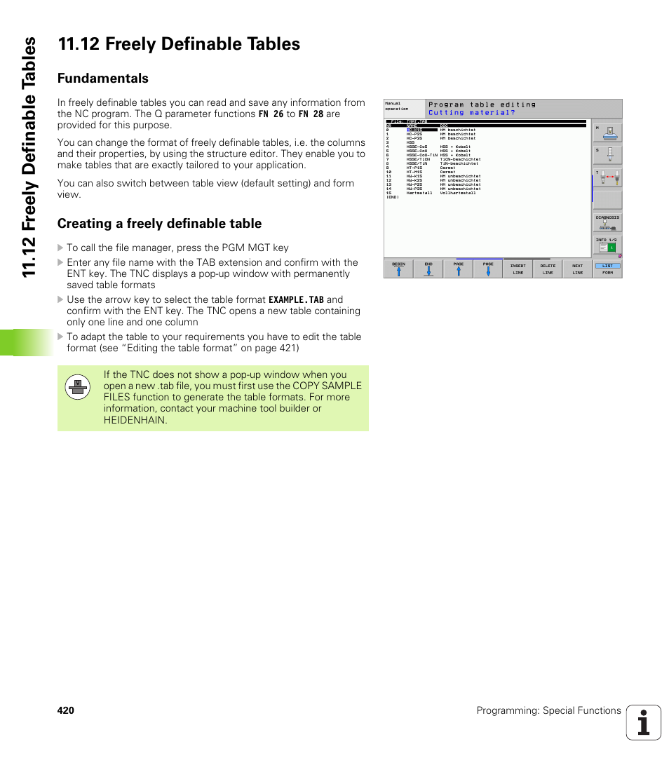 12 freely definable tables, Fundamentals, Creating a freely definable table | HEIDENHAIN iTNC 530 (340 49x-05) User Manual | Page 420 / 669