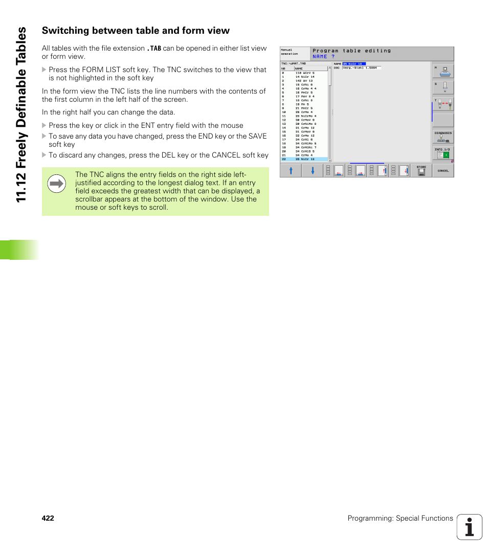 Switching between table and form view, 12 f reely definable t a bles | HEIDENHAIN iTNC 530 (340 49x-05) User Manual | Page 422 / 669