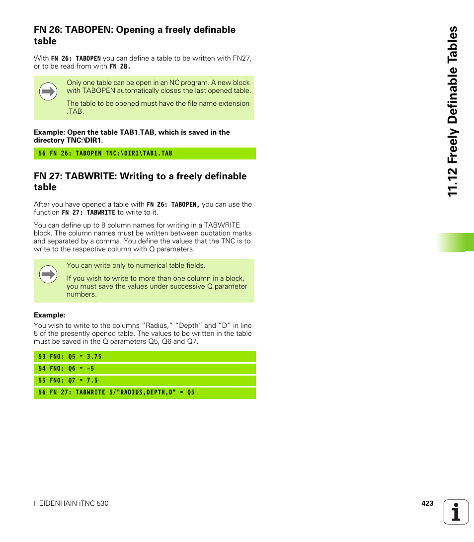 Fn 26: tabopen: opening a freely definable table, 12 f reely definable t a bles | HEIDENHAIN iTNC 530 (340 49x-05) User Manual | Page 423 / 669