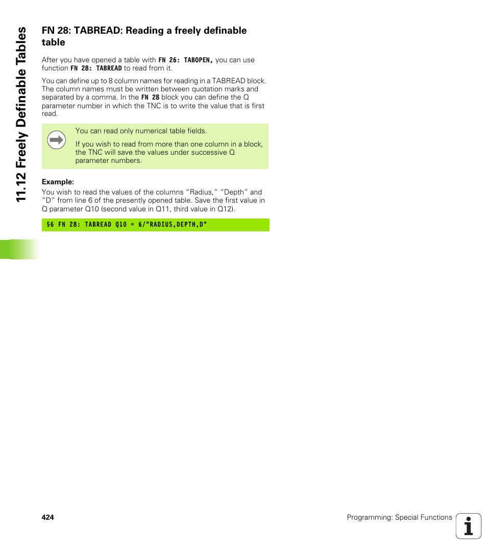 Fn 28: tabread: reading a freely definable table, 12 f reely definable t a bles | HEIDENHAIN iTNC 530 (340 49x-05) User Manual | Page 424 / 669