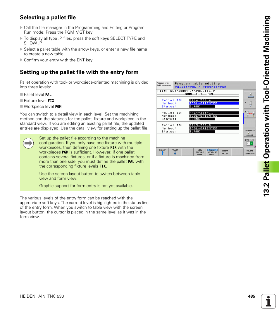 Selecting a pallet file, Setting up the pallet file with the entry form | HEIDENHAIN iTNC 530 (340 49x-05) User Manual | Page 485 / 669