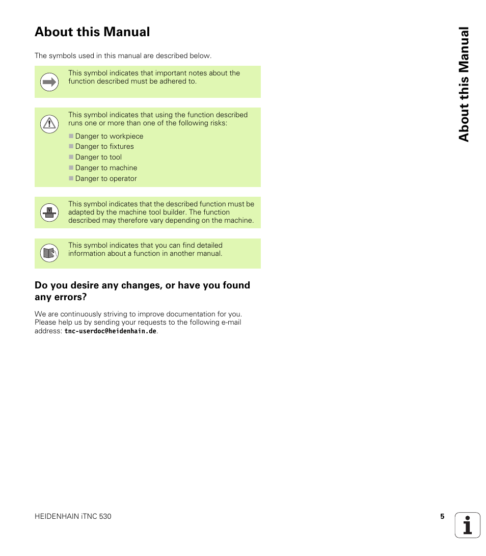 About this manual | HEIDENHAIN iTNC 530 (340 49x-05) User Manual | Page 5 / 669