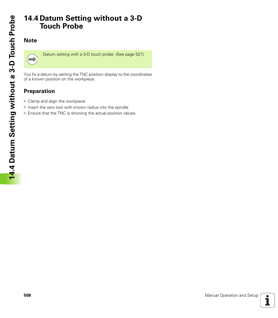 4 datum setting without a 3-d touch probe, Note, Preparation | HEIDENHAIN iTNC 530 (340 49x-05) User Manual | Page 508 / 669