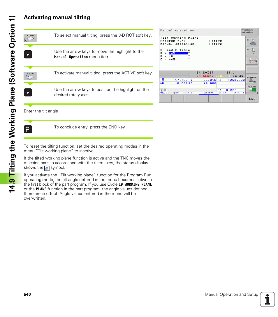 Activating manual tilting | HEIDENHAIN iTNC 530 (340 49x-05) User Manual | Page 540 / 669