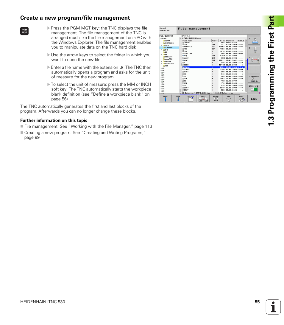 Create a new program/file management, 3 pr ogr amming the first p a rt | HEIDENHAIN iTNC 530 (340 49x-05) User Manual | Page 55 / 669