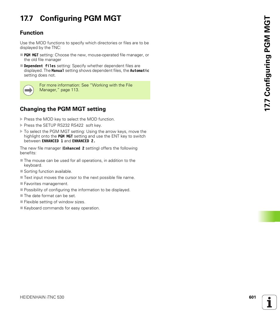 7 configuring pgm mgt, Function, Changing the pgm mgt setting | 7 configur ing pgm mgt 17.7 configuring pgm mgt | HEIDENHAIN iTNC 530 (340 49x-05) User Manual | Page 601 / 669