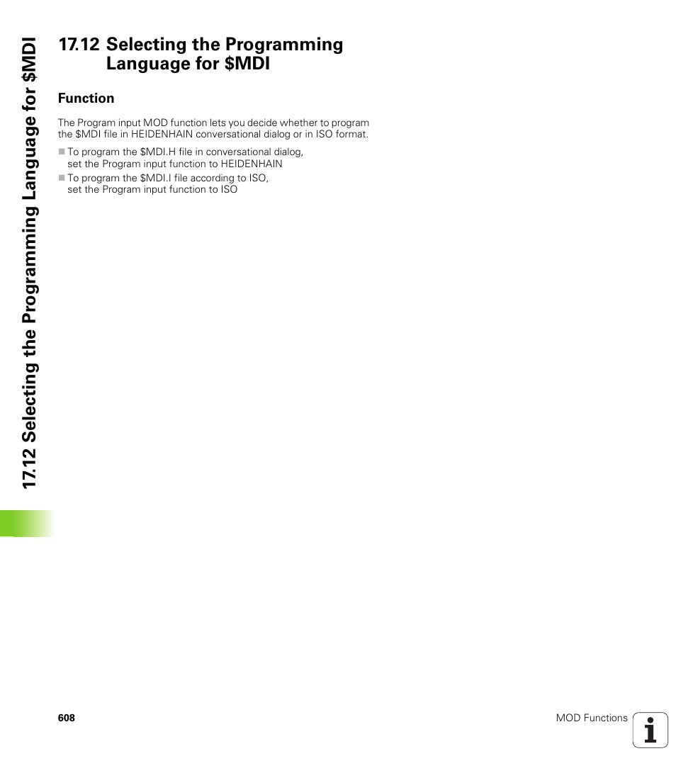 12 selecting the programming language for $mdi, Function | HEIDENHAIN iTNC 530 (340 49x-05) User Manual | Page 608 / 669