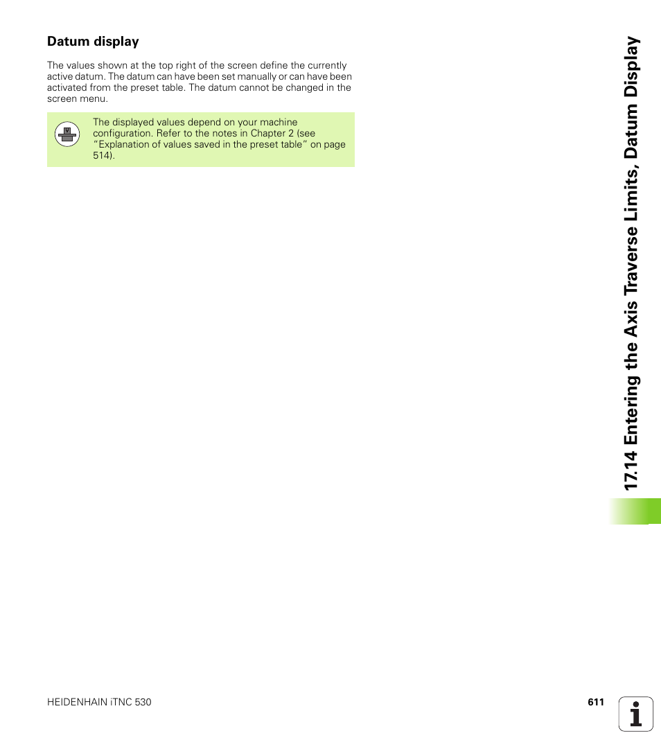 Datum display | HEIDENHAIN iTNC 530 (340 49x-05) User Manual | Page 611 / 669
