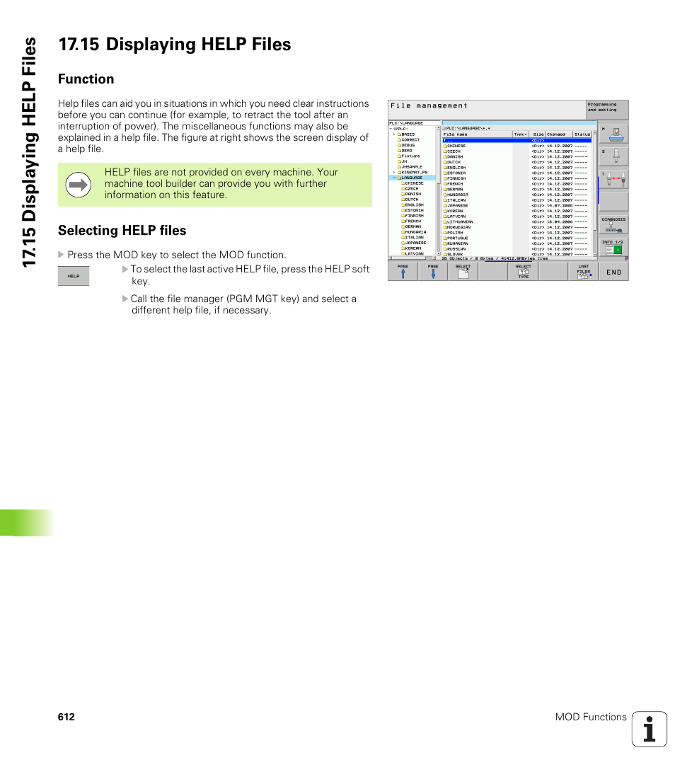 15 displaying help files, Function, Selecting help files | HEIDENHAIN iTNC 530 (340 49x-05) User Manual | Page 612 / 669