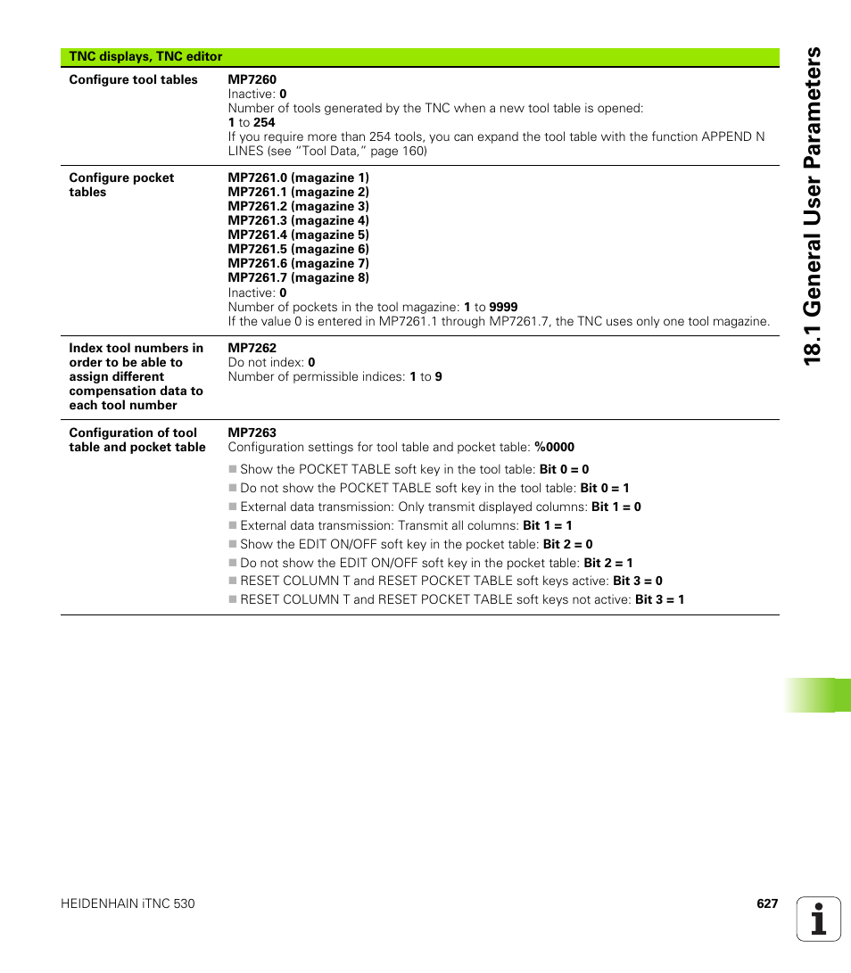 18 .1 gener a l user p a ra met e rs | HEIDENHAIN iTNC 530 (340 49x-05) User Manual | Page 627 / 669