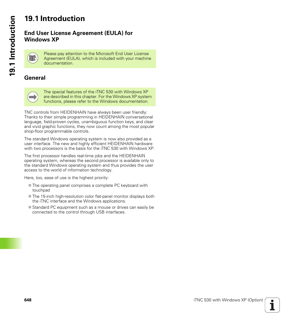 1 introduction, End user license agreement (eula) for windows xp, General | HEIDENHAIN iTNC 530 (340 49x-05) User Manual | Page 648 / 669