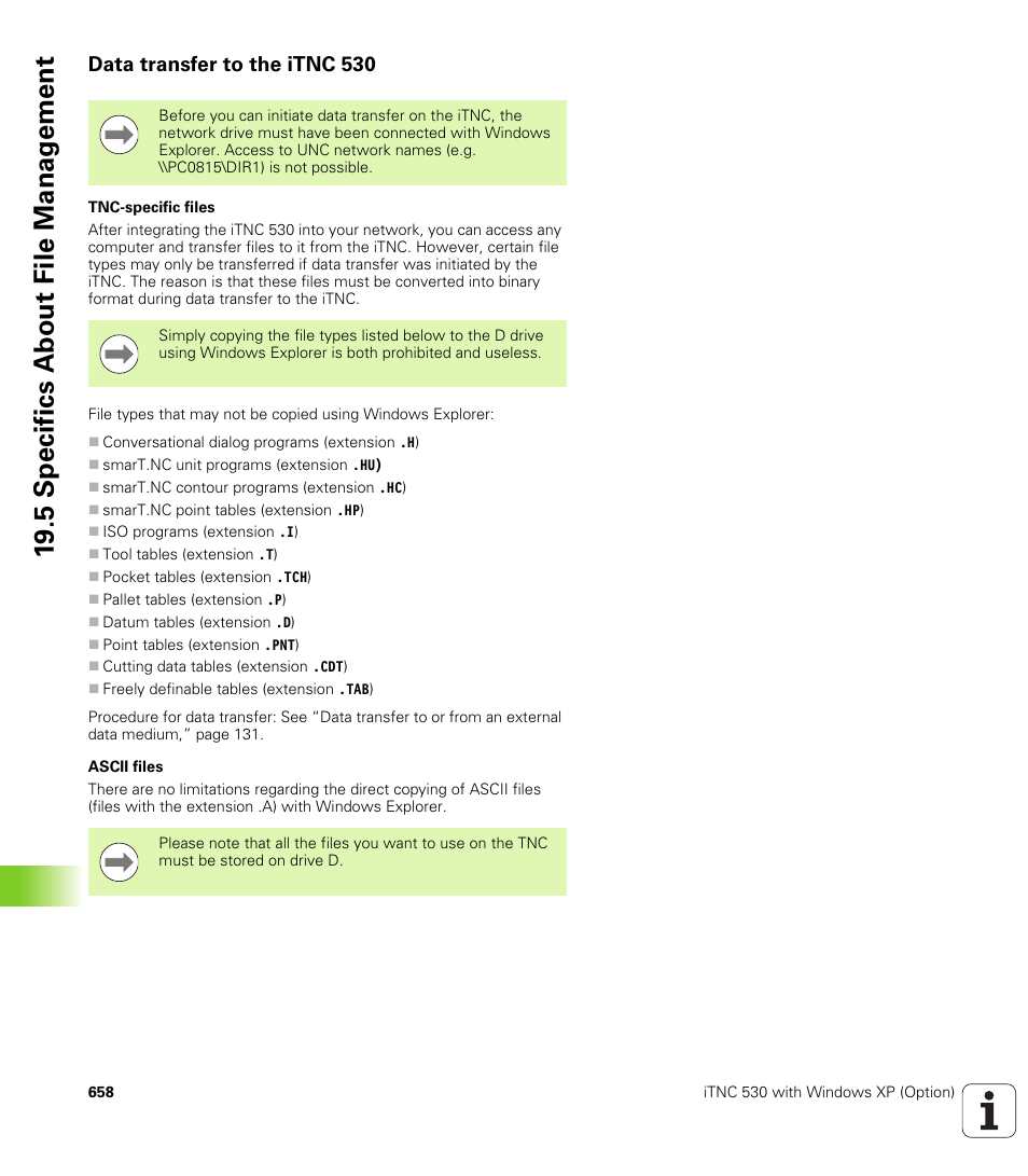 Data transfer to the itnc 530, 19 .5 specifics about file manag e ment | HEIDENHAIN iTNC 530 (340 49x-05) User Manual | Page 658 / 669