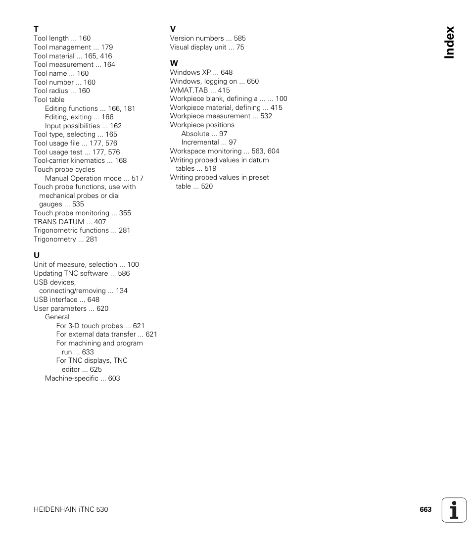 Index | HEIDENHAIN iTNC 530 (340 49x-05) User Manual | Page 663 / 669