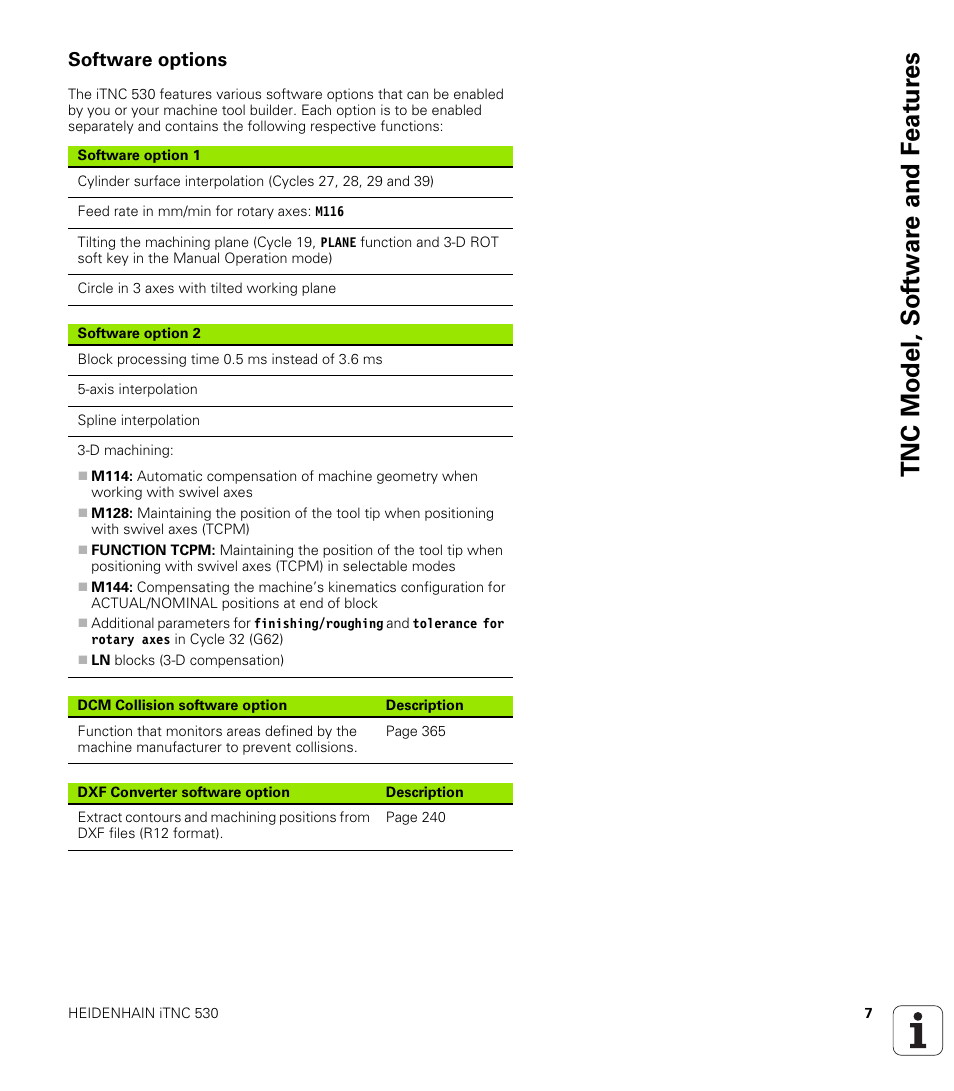 Software options, Tnc model, sof tw a re and f eat ur es | HEIDENHAIN iTNC 530 (340 49x-05) User Manual | Page 7 / 669