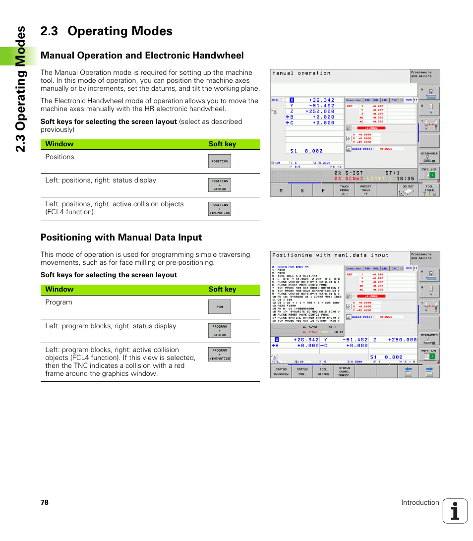 3 operating modes, Manual operation and electronic handwheel, Positioning with manual data input | 3 oper ating modes 2.3 operating modes | HEIDENHAIN iTNC 530 (340 49x-05) User Manual | Page 78 / 669