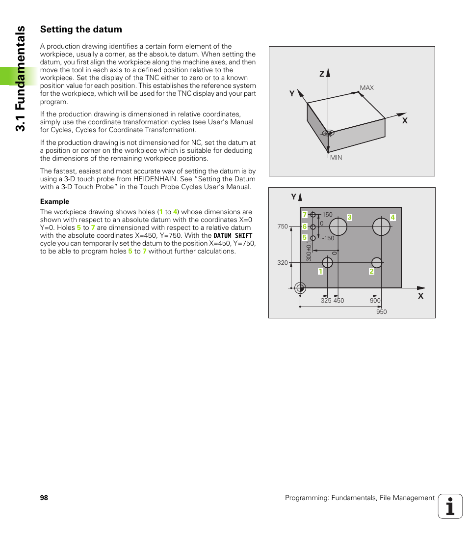 Setting the datum, 1 f undamentals | HEIDENHAIN iTNC 530 (340 49x-05) User Manual | Page 98 / 669