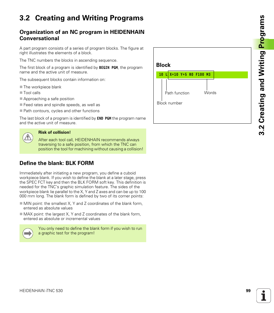 2 creating and writing programs, Define the blank: blk form | HEIDENHAIN iTNC 530 (340 49x-05) User Manual | Page 99 / 669