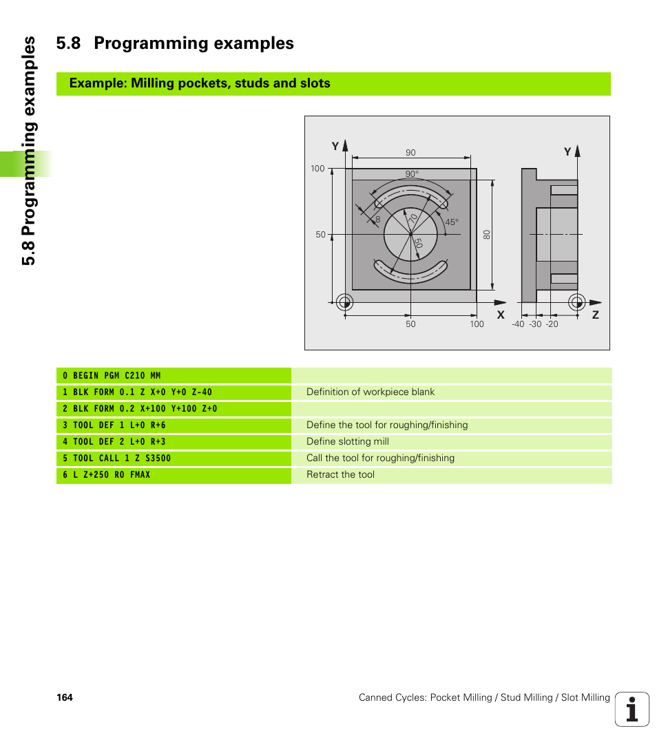 8 programming examples, 8 pr ogr amming examples 5.8 programming examples, Example: milling pockets, studs and slots | HEIDENHAIN iTNC 530 (340 49x-05) Cycle programming User Manual | Page 164 / 497