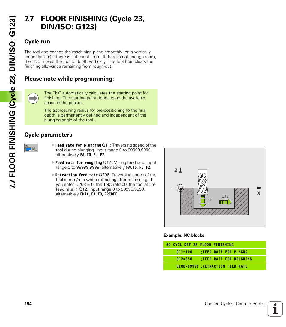 7 floor finishing (cycle 23, din/iso: g123), Cycle run, Please note while programming | Cycle parameters | HEIDENHAIN iTNC 530 (340 49x-05) Cycle programming User Manual | Page 194 / 497