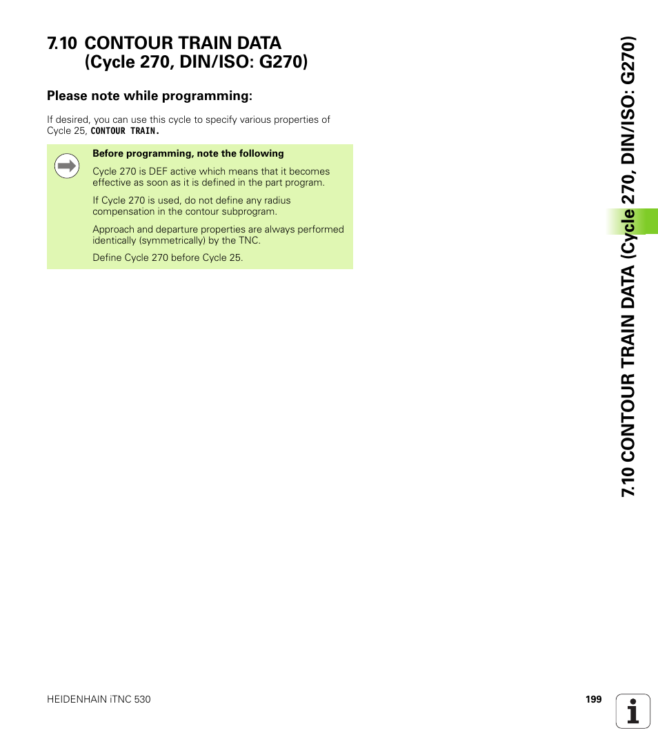 10 contour train data (cycle 270, din/iso: g270), Please note while programming | HEIDENHAIN iTNC 530 (340 49x-05) Cycle programming User Manual | Page 199 / 497