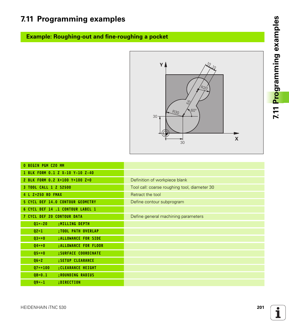 11 programming examples, Example: roughing-out and fine-roughing a pocket | HEIDENHAIN iTNC 530 (340 49x-05) Cycle programming User Manual | Page 201 / 497