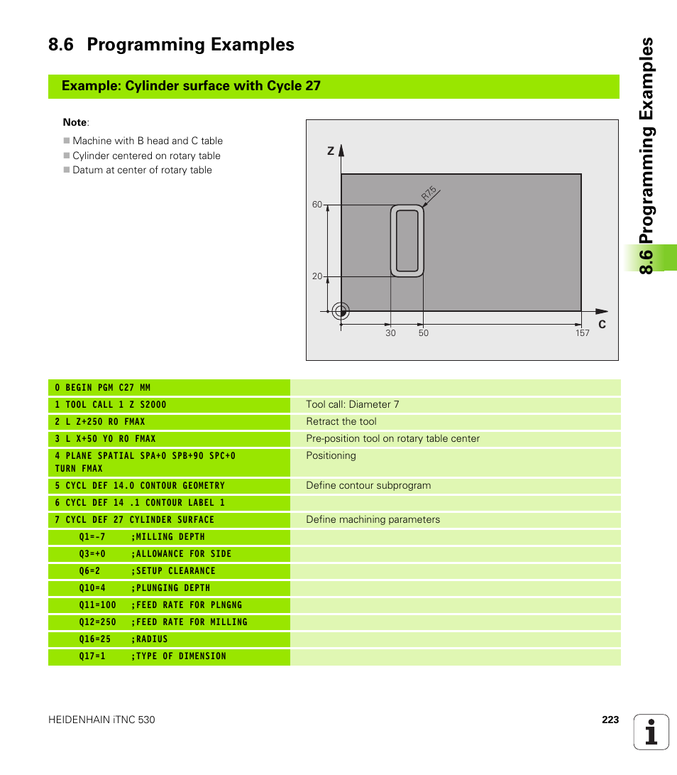 6 programming examples, 6 pr ogr amming examples 8.6 programming examples, Example: cylinder surface with cycle 27 | HEIDENHAIN iTNC 530 (340 49x-05) Cycle programming User Manual | Page 223 / 497