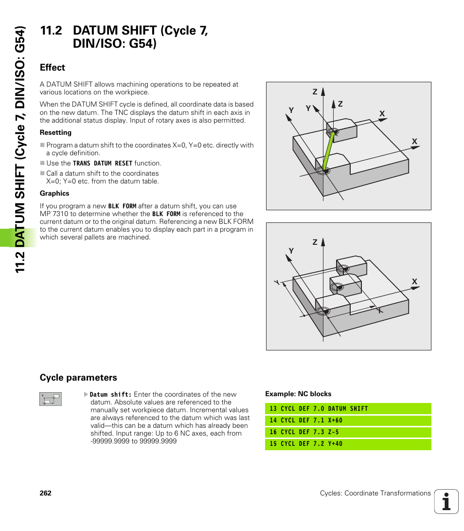 2 datum shift (cycle 7, din/iso: g54), Effect, Cycle parameters | HEIDENHAIN iTNC 530 (340 49x-05) Cycle programming User Manual | Page 262 / 497