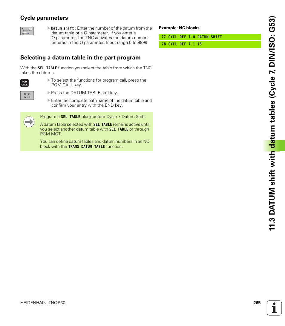 Cycle parameters, Selecting a datum table in the part program | HEIDENHAIN iTNC 530 (340 49x-05) Cycle programming User Manual | Page 265 / 497
