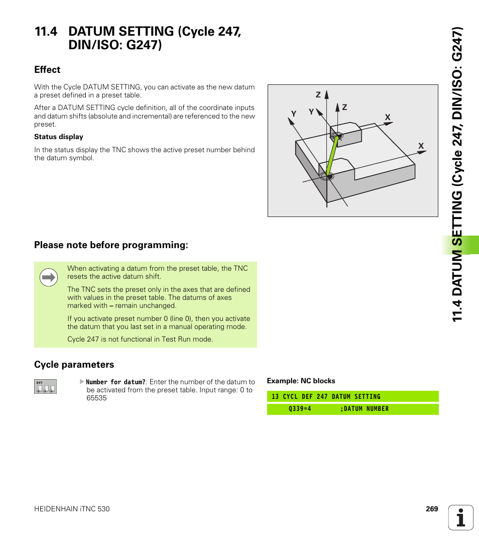 4 datum setting (cycle 247, din/iso: g247), Effect, Please note before programming | Cycle parameters | HEIDENHAIN iTNC 530 (340 49x-05) Cycle programming User Manual | Page 269 / 497