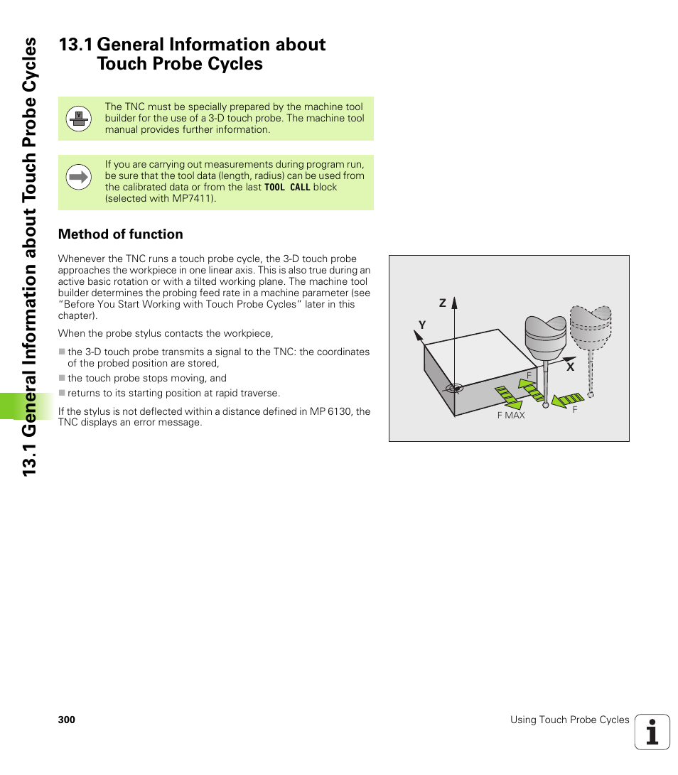 1 general information about touch probe cycles, Method of function | HEIDENHAIN iTNC 530 (340 49x-05) Cycle programming User Manual | Page 300 / 497