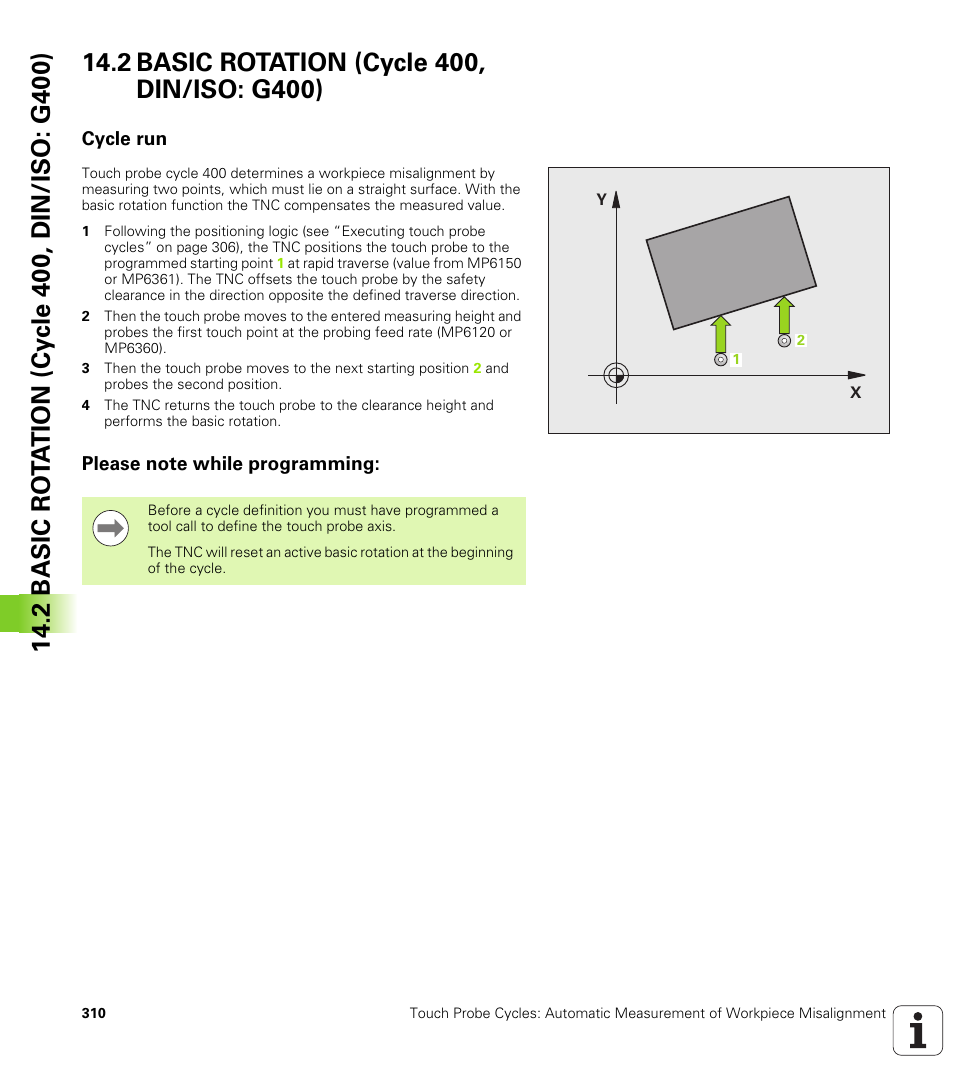 2 basic rotation (cycle 400, din/iso: g400), Cycle run, Please note while programming | HEIDENHAIN iTNC 530 (340 49x-05) Cycle programming User Manual | Page 310 / 497