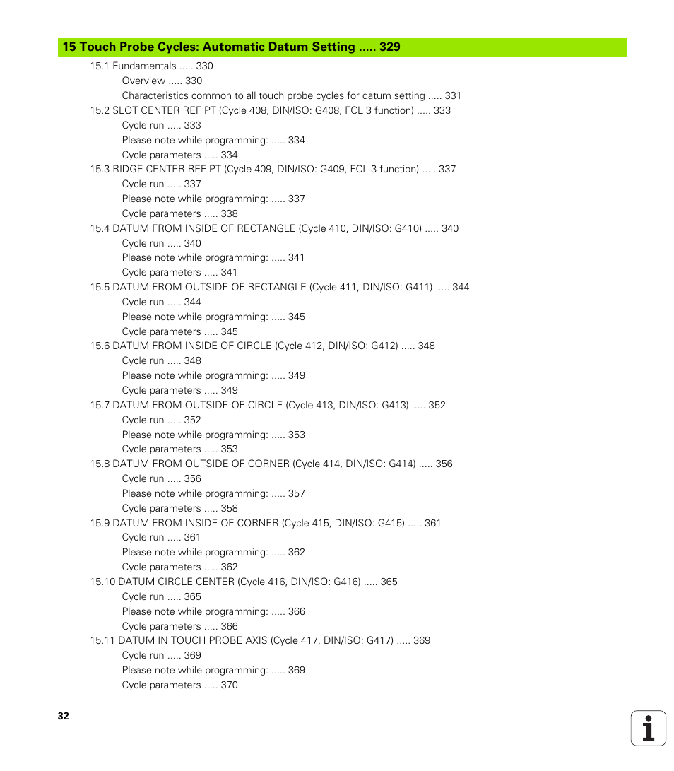 Touch probe cycles: automatic datum setting | HEIDENHAIN iTNC 530 (340 49x-05) Cycle programming User Manual | Page 32 / 497